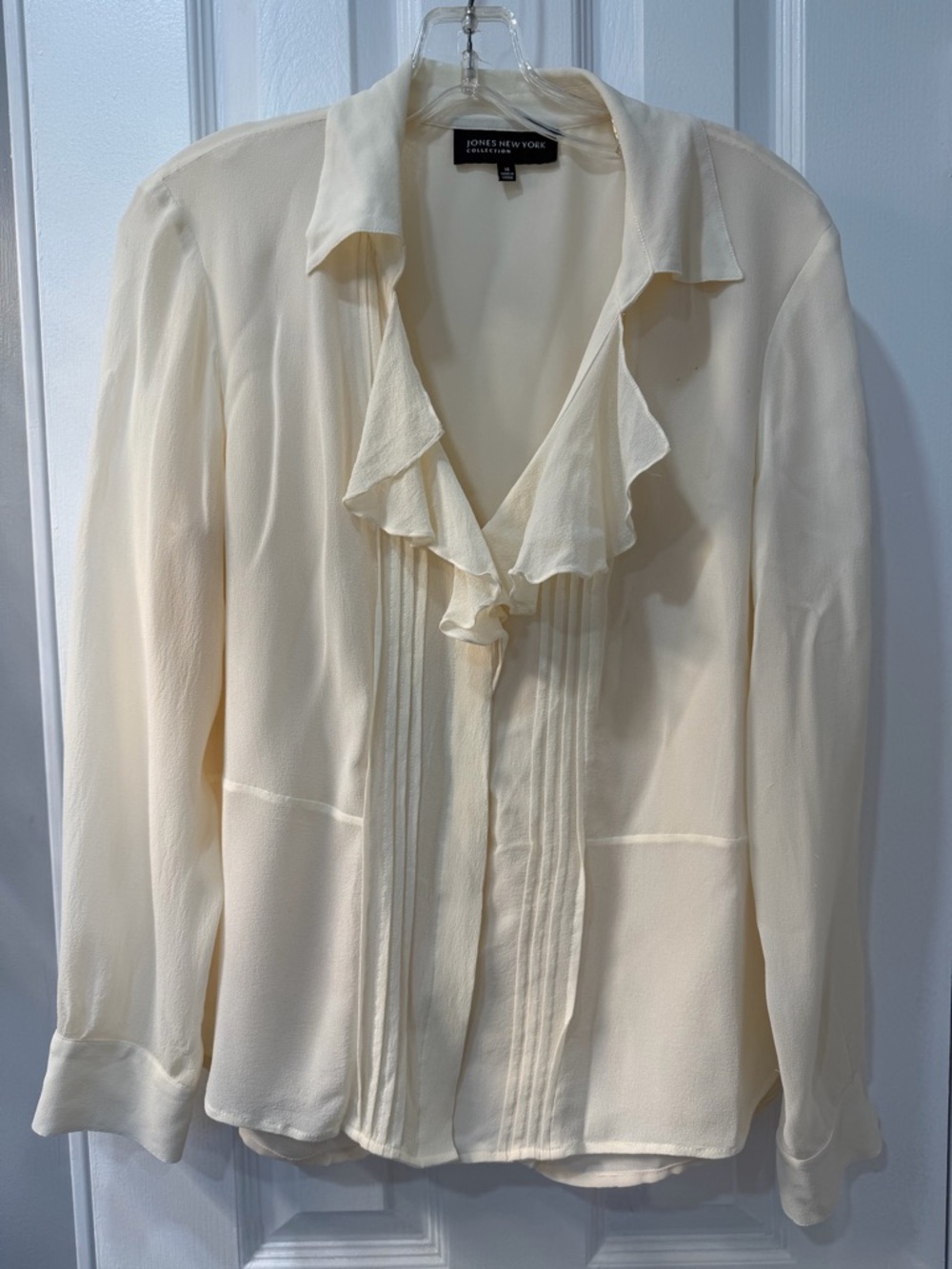 Jones New York Silk Cream Ruffle Front Blouse